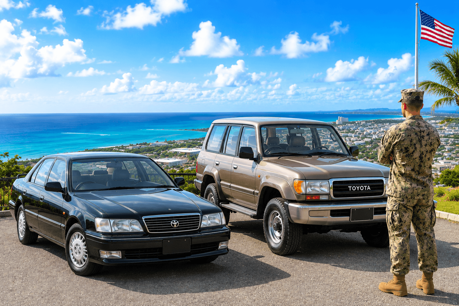 Toyota cars with military member overlooking Okinawa coastline